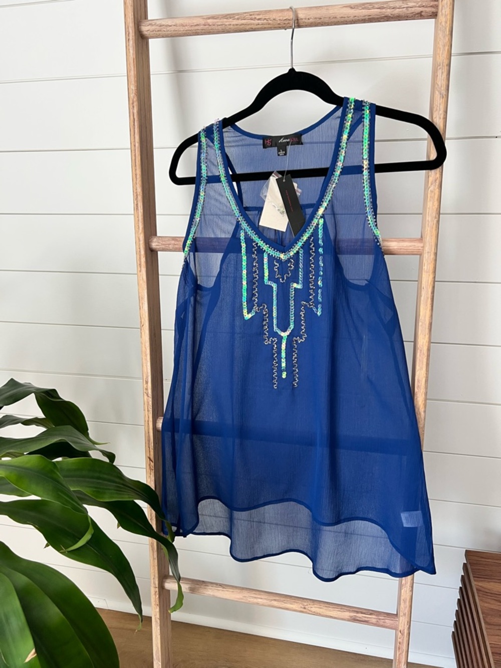 HS Royal Blue Sheer Embroidered with Aqua Trim